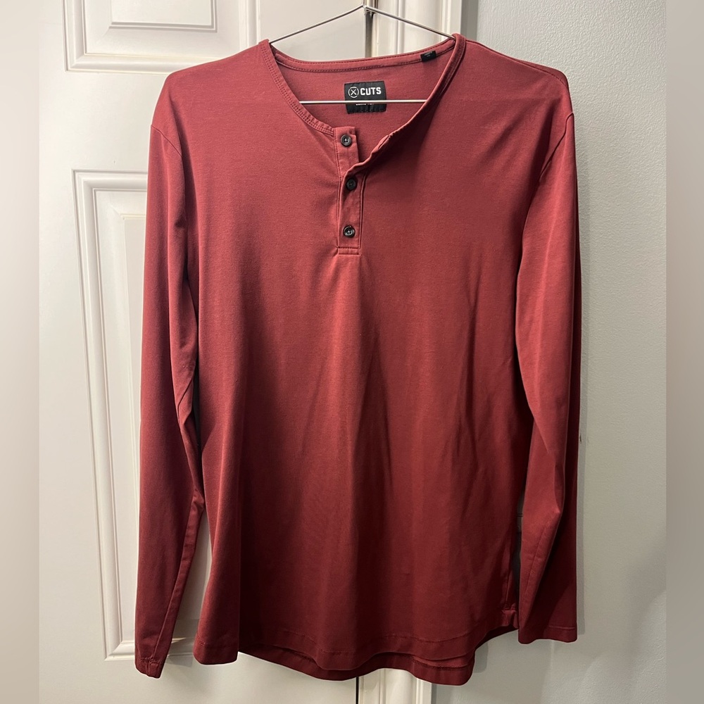 CUTS Men's Red Henley Shirt- curve hem